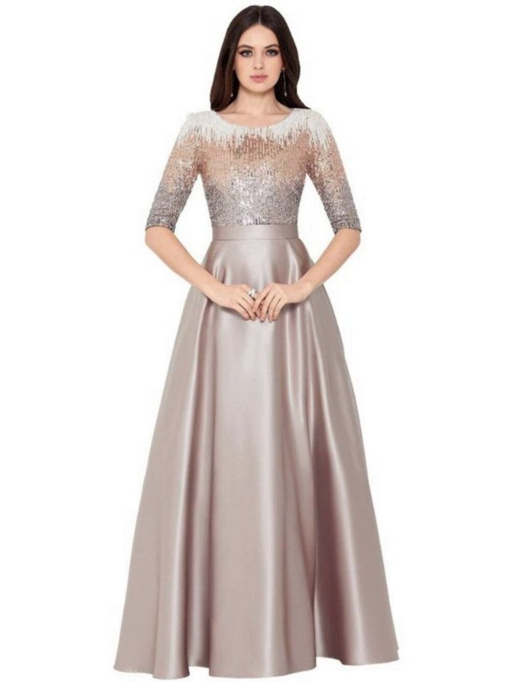 Betsy & Adam Womens Champagne Embellished Sequin Bodice Satin Ball Gown Size 6